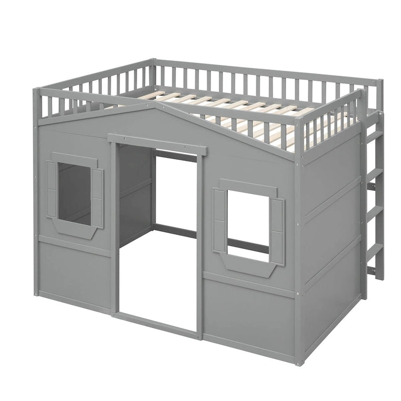 Cama alta tipo casa de tamaño completo, estructura de cama tipo casa de madera con ventanas, cama alta infantil con escalera y barandales de seguridad
