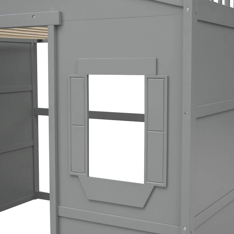 Cama alta tipo casa de tamaño completo, estructura de cama tipo casa de madera con ventanas, cama alta infantil con escalera y barandales de seguridad