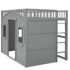 Cama alta tipo casa de tamaño completo, estructura de cama tipo casa de madera con ventanas, cama alta infantil con escalera y barandales de seguridad