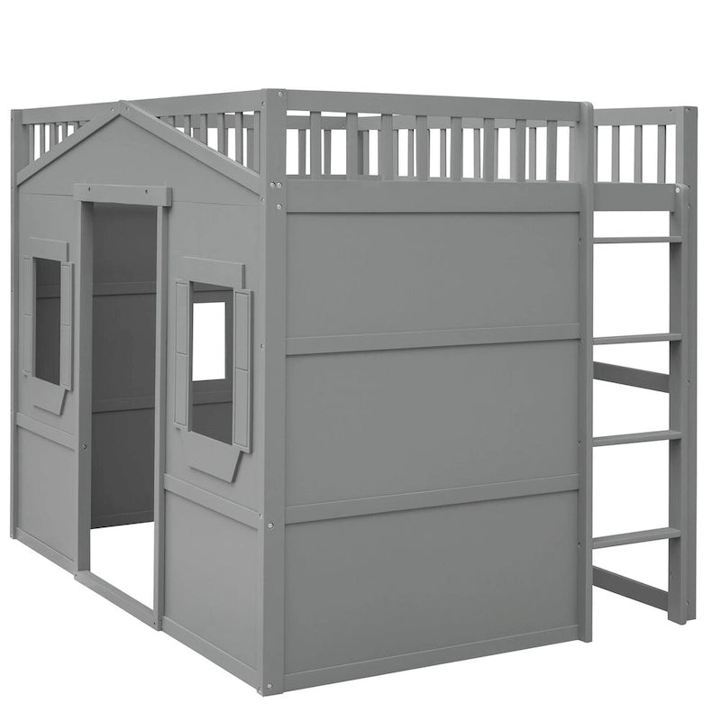 Cama alta tipo casa de tamaño completo, estructura de cama tipo casa de madera con ventanas, cama alta infantil con escalera y barandales de seguridad