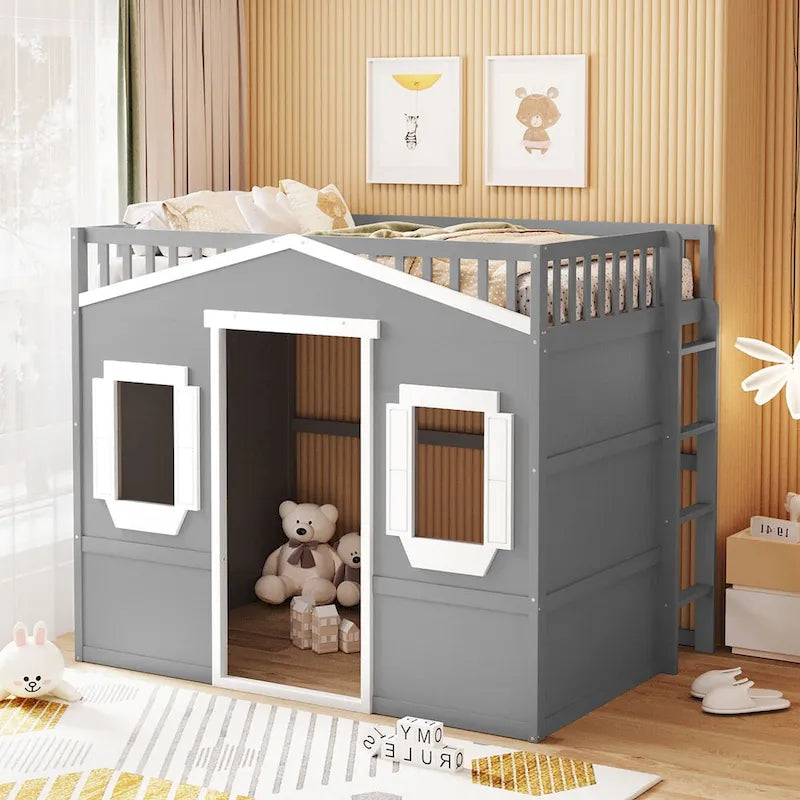 Cama alta tipo casa de tamaño completo, estructura de cama tipo casa de madera con ventanas, cama alta infantil con escalera y barandales de seguridad