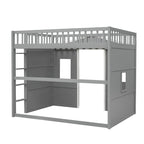 Cama alta tipo casa de tamaño completo, estructura de cama tipo casa de madera con ventanas, cama alta infantil con escalera y barandales de seguridad