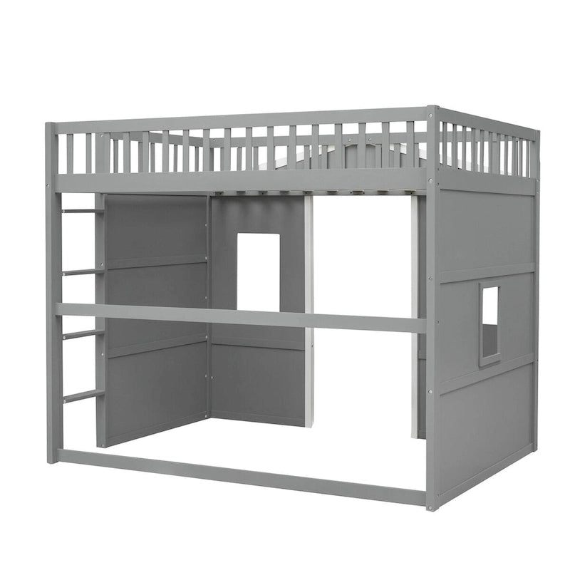 Cama alta tipo casa de tamaño completo, estructura de cama tipo casa de madera con ventanas, cama alta infantil con escalera y barandales de seguridad