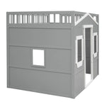 Cama alta tipo casa de tamaño completo, estructura de cama tipo casa de madera con ventanas, cama alta infantil con escalera y barandales de seguridad