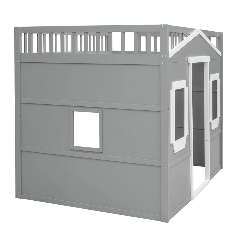 Cama alta tipo casa de tamaño completo, estructura de cama tipo casa de madera con ventanas, cama alta infantil con escalera y barandales de seguridad