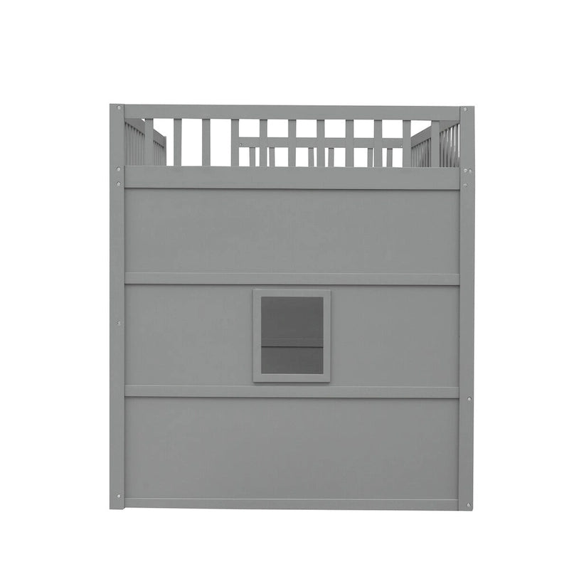 Cama alta tipo casa de tamaño completo, estructura de cama tipo casa de madera con ventanas, cama alta infantil con escalera y barandales de seguridad