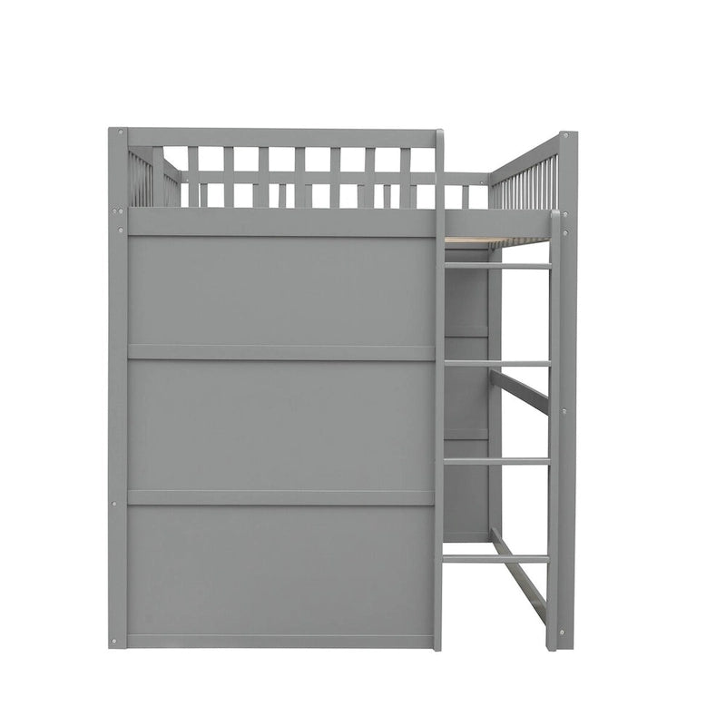 Cama alta tipo casa de tamaño completo, estructura de cama tipo casa de madera con ventanas, cama alta infantil con escalera y barandales de seguridad