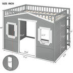 Cama alta tipo casa de tamaño completo, estructura de cama tipo casa de madera con ventanas, cama alta infantil con escalera y barandales de seguridad