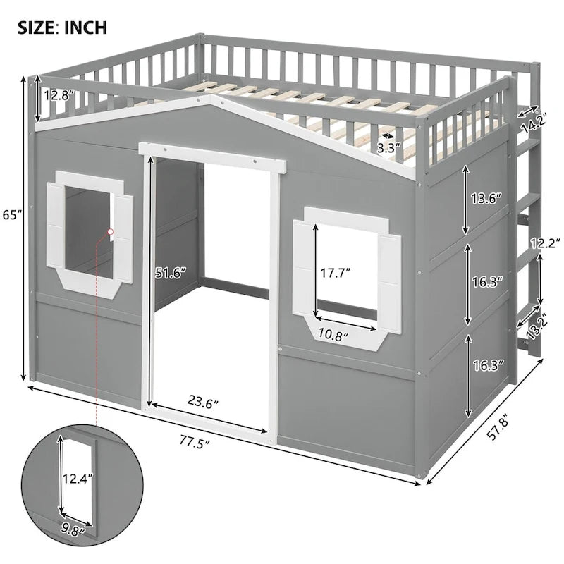 Cama alta tipo casa de tamaño completo, estructura de cama tipo casa de madera con ventanas, cama alta infantil con escalera y barandales de seguridad
