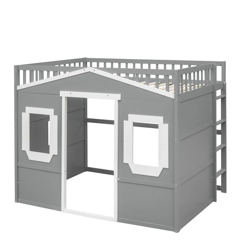 Cama alta tipo casa de tamaño completo, estructura de cama tipo casa de madera con ventanas, cama alta infantil con escalera y barandales de seguridad
