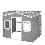 Cama alta tipo casa de tamaño completo, estructura de cama tipo casa de madera con ventanas, cama alta infantil con escalera y barandales de seguridad