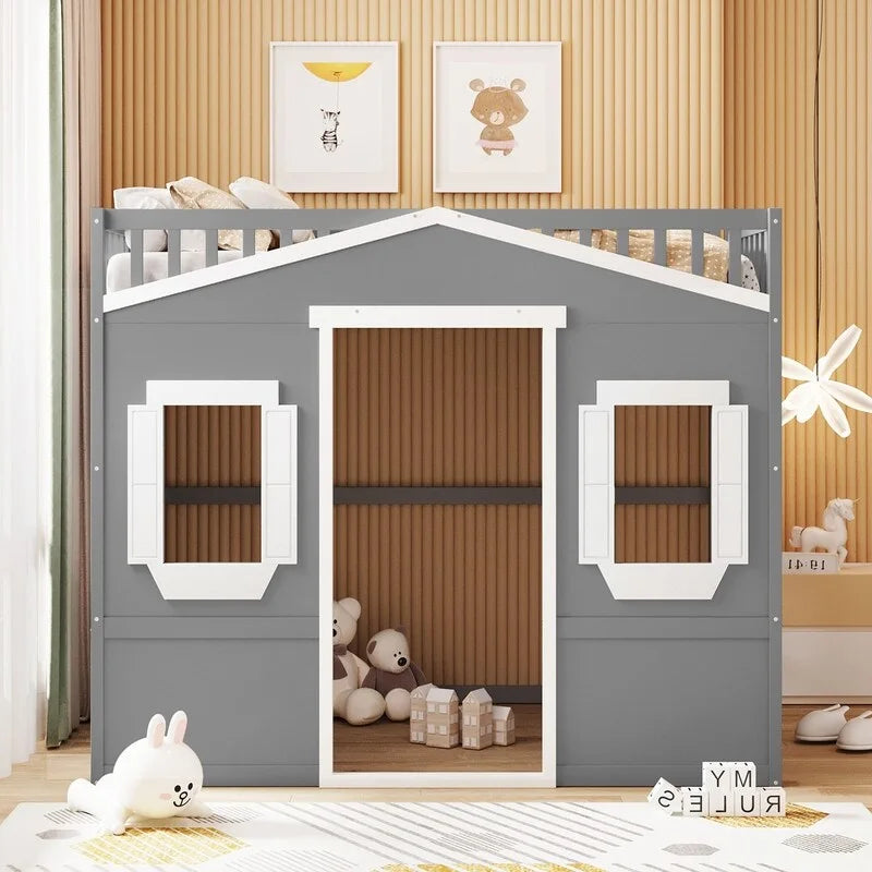 Cama alta de madera de tamaño completo, estructura de cama con forma de casita con escalera y barandillas de seguridad para niños, no necesita somier