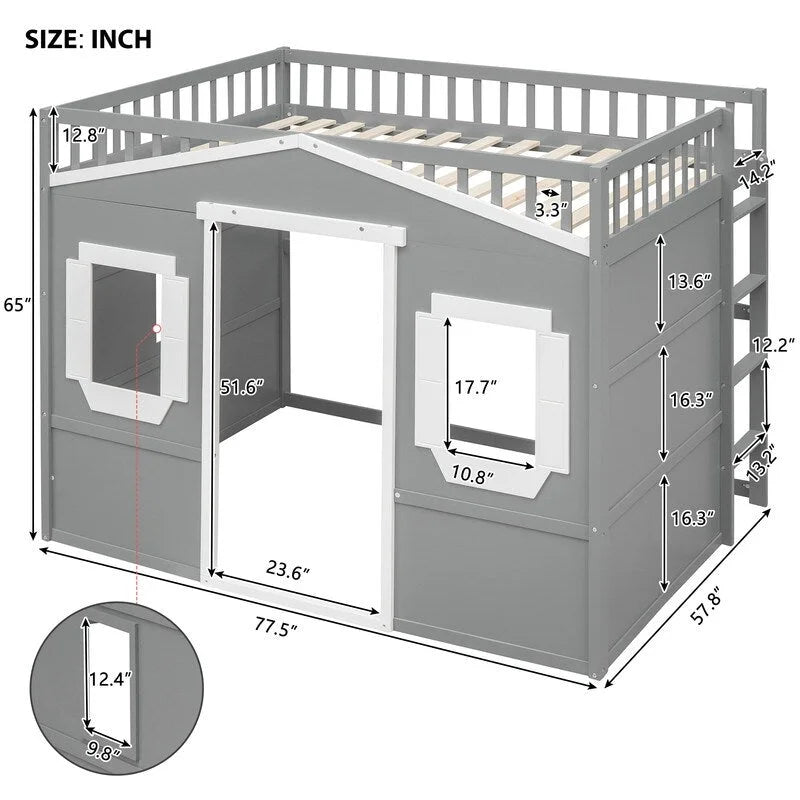 Cama alta de madera de tamaño completo, estructura de cama con forma de casita con escalera y barandillas de seguridad para niños, no necesita somier
