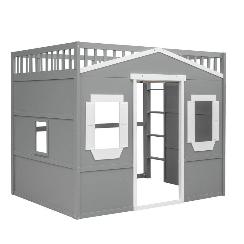 Cama alta de madera de tamaño completo, estructura de cama con forma de casita con escalera y barandillas de seguridad para niños, no necesita somier