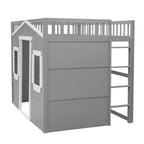 Cama alta de madera de tamaño completo, estructura de cama con forma de casita con escalera y barandillas de seguridad para niños, no necesita somier