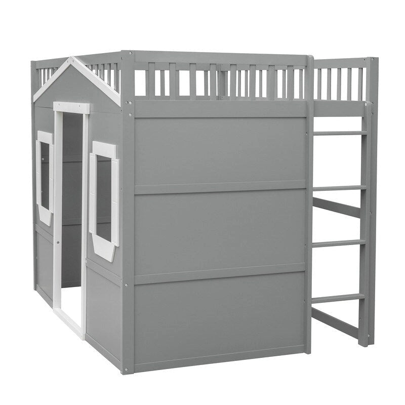 Cama alta de madera de tamaño completo, estructura de cama con forma de casita con escalera y barandillas de seguridad para niños, no necesita somier