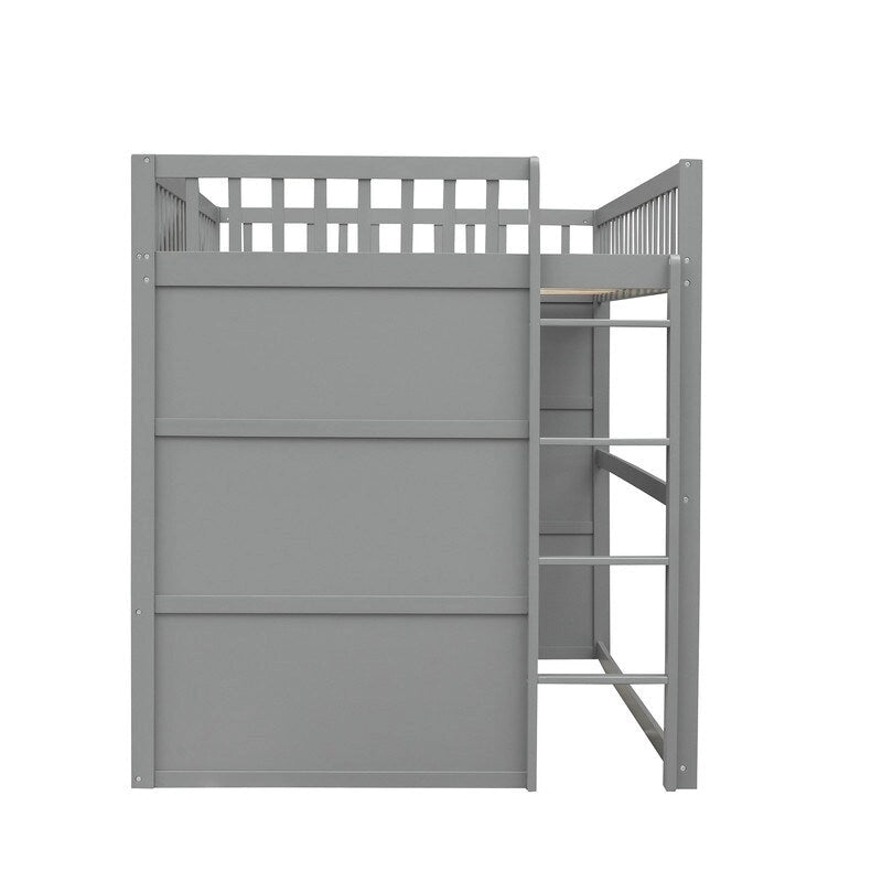 Cama alta de madera de tamaño completo, estructura de cama con forma de casita con escalera y barandillas de seguridad para niños, no necesita somier
