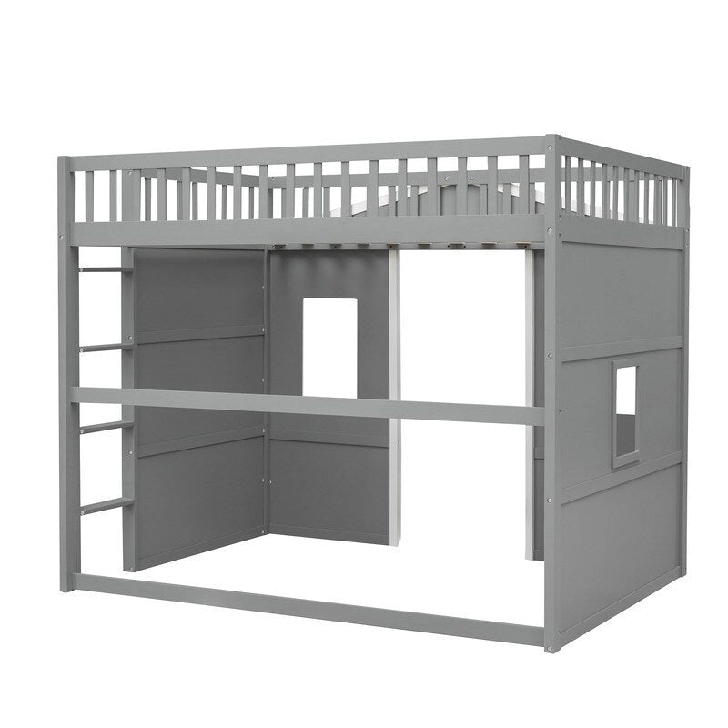 Cama alta de madera de tamaño completo, estructura de cama con forma de casita con escalera y barandillas de seguridad para niños, no necesita somier