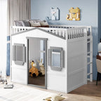 Cama alta de madera de tamaño completo, estructura de cama con forma de casita con escalera y barandillas de seguridad para niños, no necesita somier