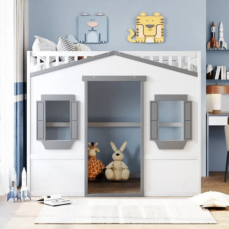 Cama alta de madera de tamaño completo, estructura de cama con forma de casita con escalera y barandillas de seguridad para niños, no necesita somier