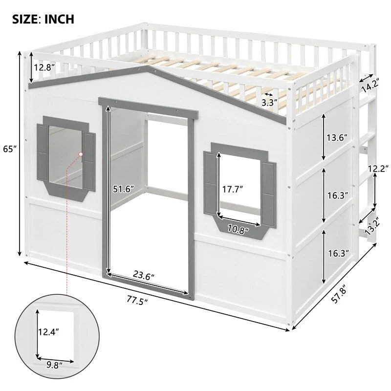 Cama alta de madera de tamaño completo, estructura de cama con forma de casita con escalera y barandillas de seguridad para niños, no necesita somier