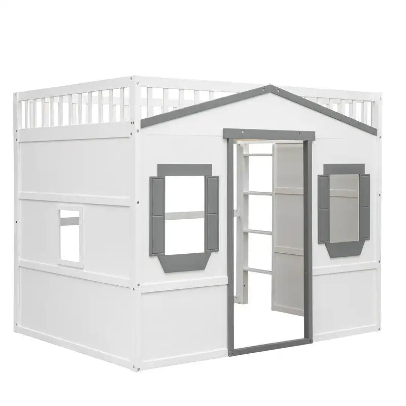Cama alta de madera de tamaño completo, estructura de cama con forma de casita con escalera y barandillas de seguridad para niños, no necesita somier
