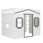 Cama alta de madera de tamaño completo, estructura de cama con forma de casita con escalera y barandillas de seguridad para niños, no necesita somier