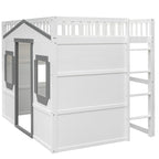 Cama alta de madera de tamaño completo, estructura de cama con forma de casita con escalera y barandillas de seguridad para niños, no necesita somier