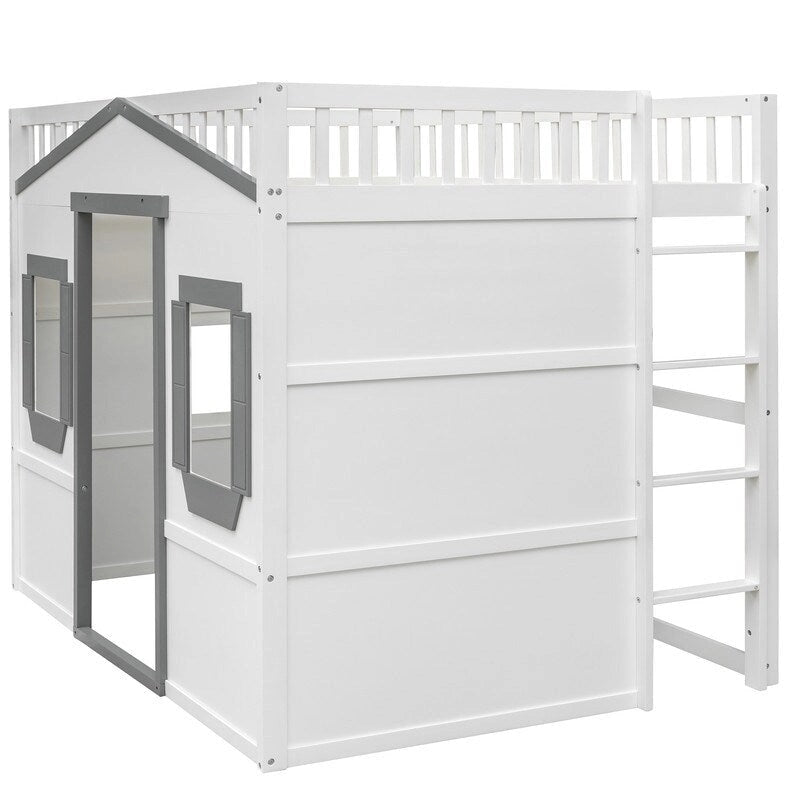 Cama alta de madera de tamaño completo, estructura de cama con forma de casita con escalera y barandillas de seguridad para niños, no necesita somier