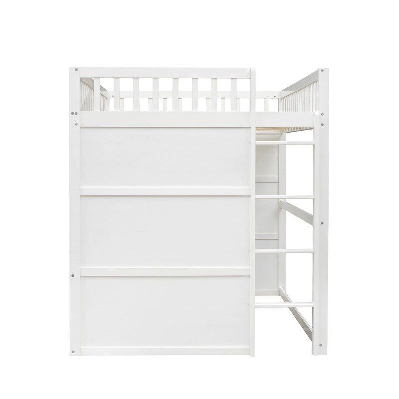 Cama alta de madera de tamaño completo, estructura de cama con forma de casita con escalera y barandillas de seguridad para niños, no necesita somier