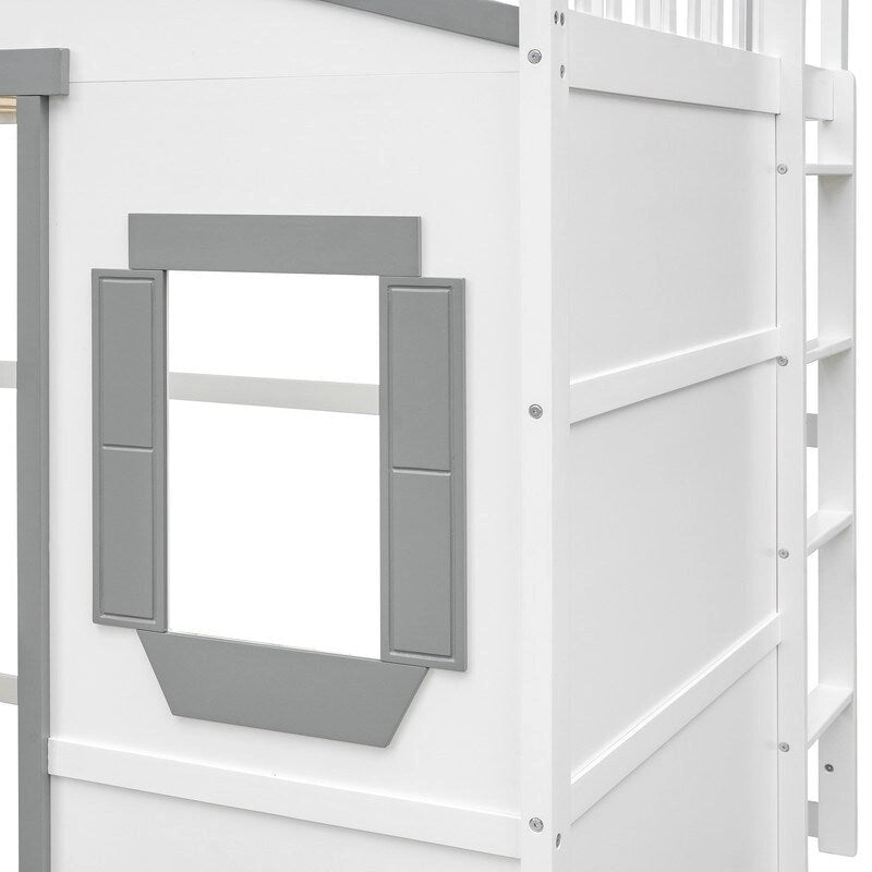 Cama alta de madera de tamaño completo, estructura de cama con forma de casita con escalera y barandillas de seguridad para niños, no necesita somier