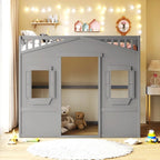 Cama alta de madera de tamaño completo, estructura de cama con forma de casita con escalera y barandillas de seguridad para niños, no necesita somier