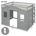 Cama alta de madera de tamaño completo, estructura de cama con forma de casita con escalera y barandillas de seguridad para niños, no necesita somier