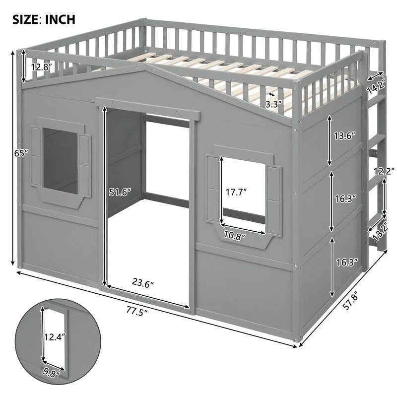Cama alta de madera de tamaño completo, estructura de cama con forma de casita con escalera y barandillas de seguridad para niños, no necesita somier