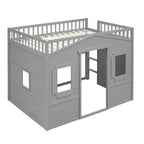 Cama alta de madera de tamaño completo, estructura de cama con forma de casita con escalera y barandillas de seguridad para niños, no necesita somier