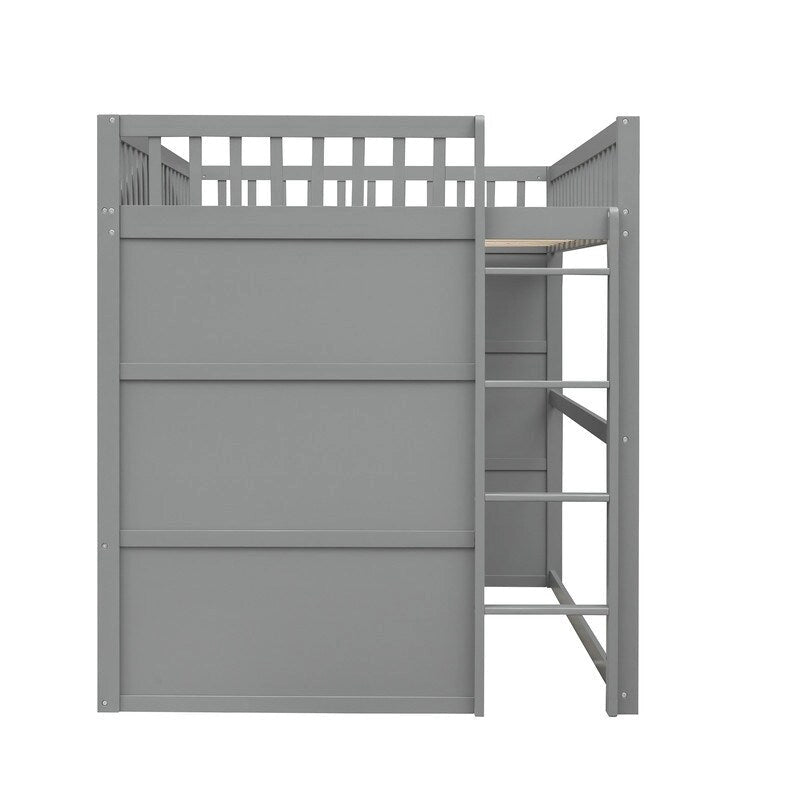 Cama alta de madera de tamaño completo, estructura de cama con forma de casita con escalera y barandillas de seguridad para niños, no necesita somier