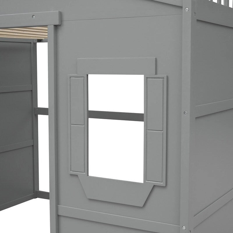 Cama alta de madera de tamaño completo, estructura de cama con forma de casita con escalera y barandillas de seguridad para niños, no necesita somier