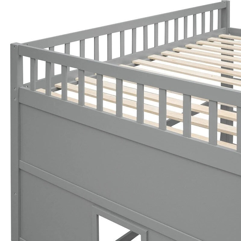 Cama alta de madera de tamaño completo, estructura de cama con forma de casita con escalera y barandillas de seguridad para niños, no necesita somier