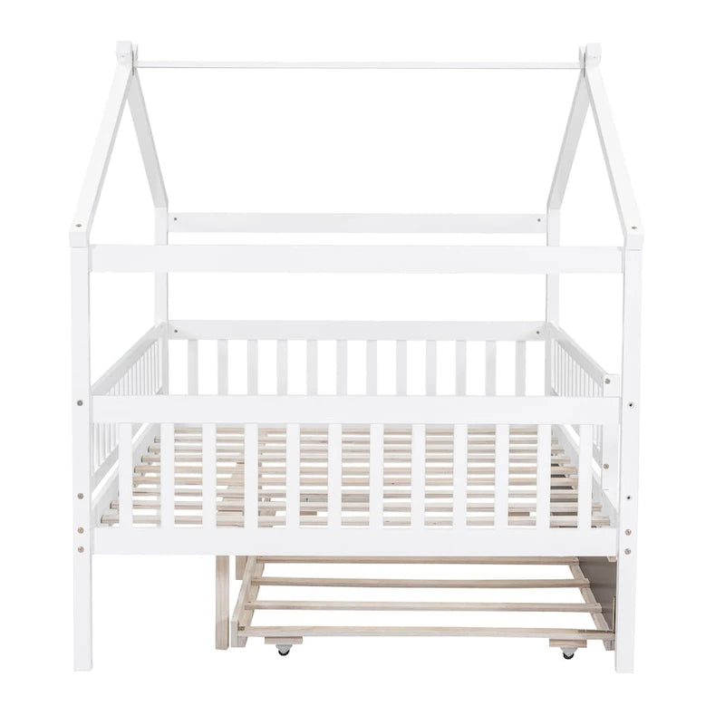 Cama de madera de pino blanco con nido tamaño twin, barandilla de longitud completa