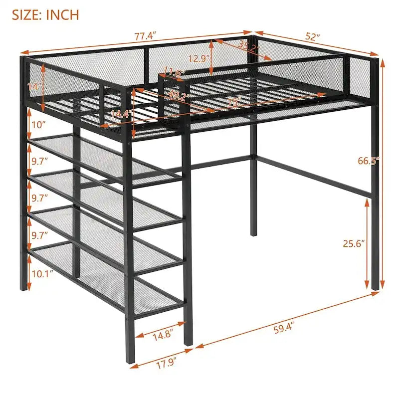 Cama alta moderna de metal, tamaño individual, con estantes de 4 niveles y almacenamiento