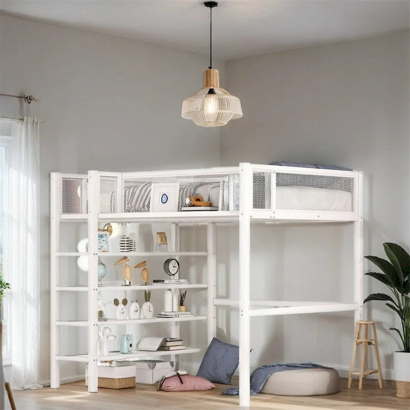 Cama alta moderna de metal, tamaño individual, con estantes de 4 niveles y almacenamiento