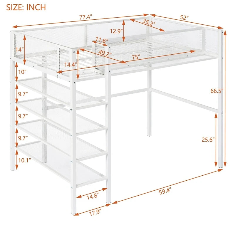 Cama alta moderna de metal, tamaño individual, con estantes de 4 niveles y almacenamiento