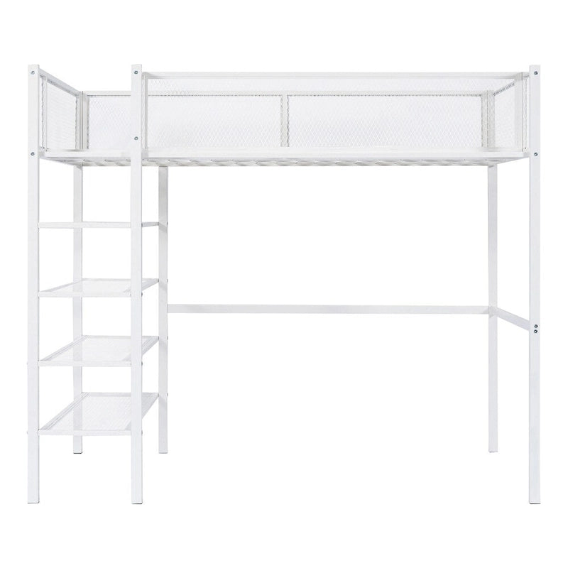 Cama alta moderna de metal, tamaño individual, con estantes de 4 niveles y almacenamiento