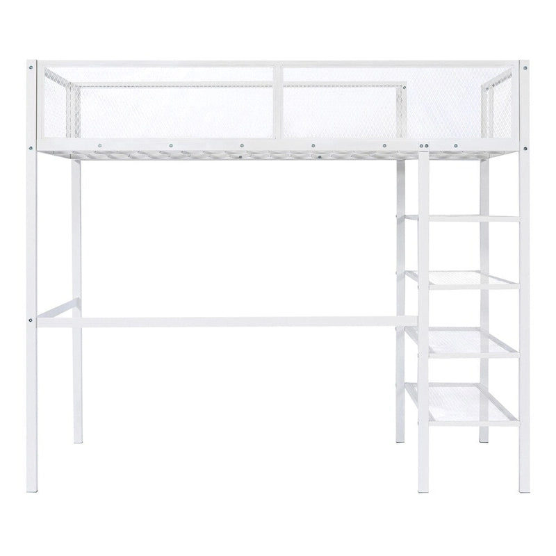 Cama alta moderna de metal, tamaño individual, con estantes de 4 niveles y almacenamiento