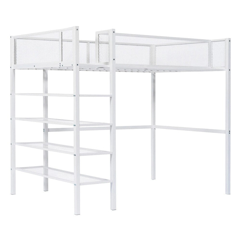 Cama alta moderna de metal, tamaño individual, con estantes de 4 niveles y almacenamiento