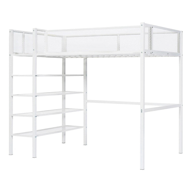 Cama alta moderna de metal, tamaño individual, con estantes de 4 niveles y almacenamiento