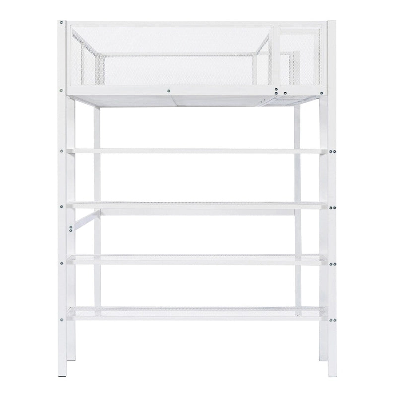 Cama alta moderna de metal, tamaño individual, con estantes de 4 niveles y almacenamiento