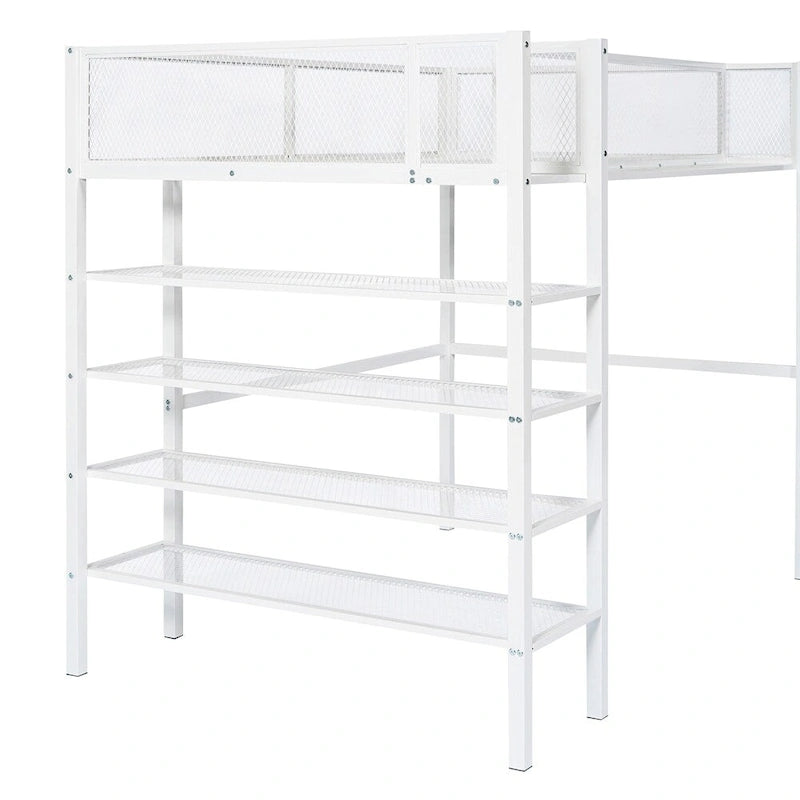 Cama alta moderna de metal, tamaño individual, con estantes de 4 niveles y almacenamiento