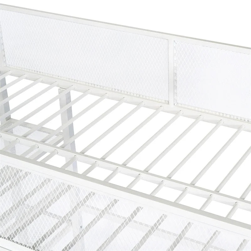 Cama alta moderna de metal, tamaño individual, con estantes de 4 niveles y almacenamiento