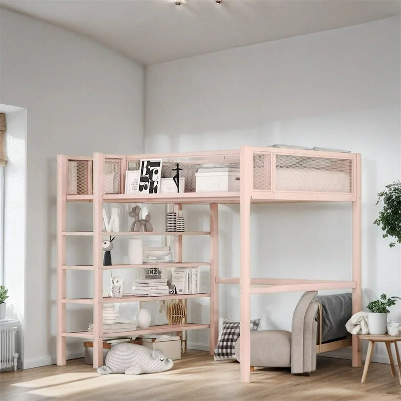Cama alta moderna de metal, tamaño individual, con estantes de 4 niveles y almacenamiento